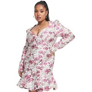 ASOS LUXE Curve Sweetheart Neck Long Sleeve Mini Dress Floral Jacquard SZ 22 NWT